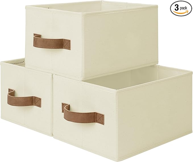StorageWorks Storage Baskets for Shelves, Foldable Fabric Closet Storage Bins with PU Handles, Fabric Storage Bins Clothes Organizer, Ivory White, 3-Pack, Small