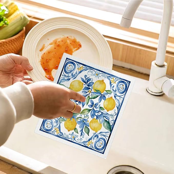 LARTSFRO Swedish Dishcloths for Kitchen, Papaya Reusable Paper Towels Washable, Summer Lemon Vintage Floral Swedish DishCloths for Friut, 4 Pack Dish Towels for Kitchen, No Odor Cleaning Cloths