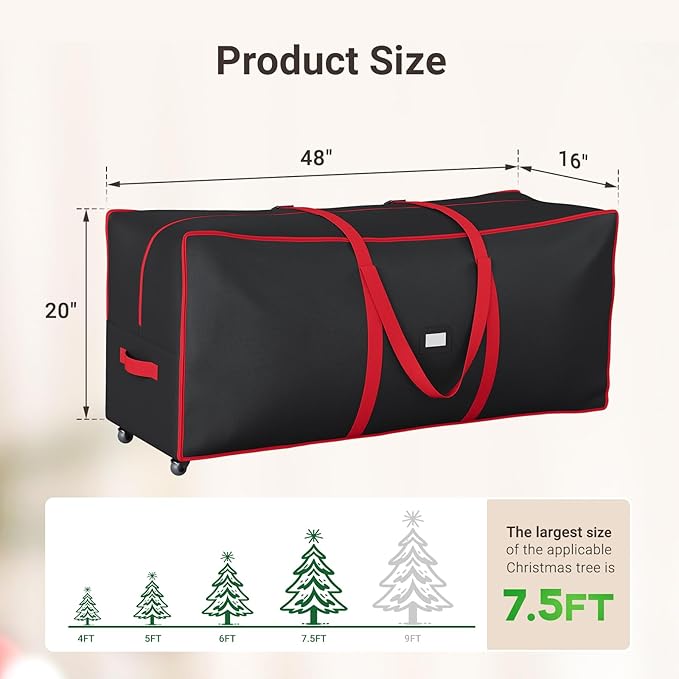ELYKEN 7.5FT Christmas Tree Storage Bag with Wheels, Rolling Storage Bag for Artificial Christmas Tree and Decorations, Heavy Duty 600D Oxford Fabric, Length-Adjustable Handles, Dual Zippers, Black