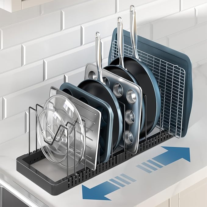 PanPanPal Pots and Pans Organizer under Cabinet, Expandable Pot Lid Organizer Holder with 10 Adjustable Compartment, Pan Organizers inside Cabinet for Lids, Bakeware, Kitchen Storage Pot Rack, Black