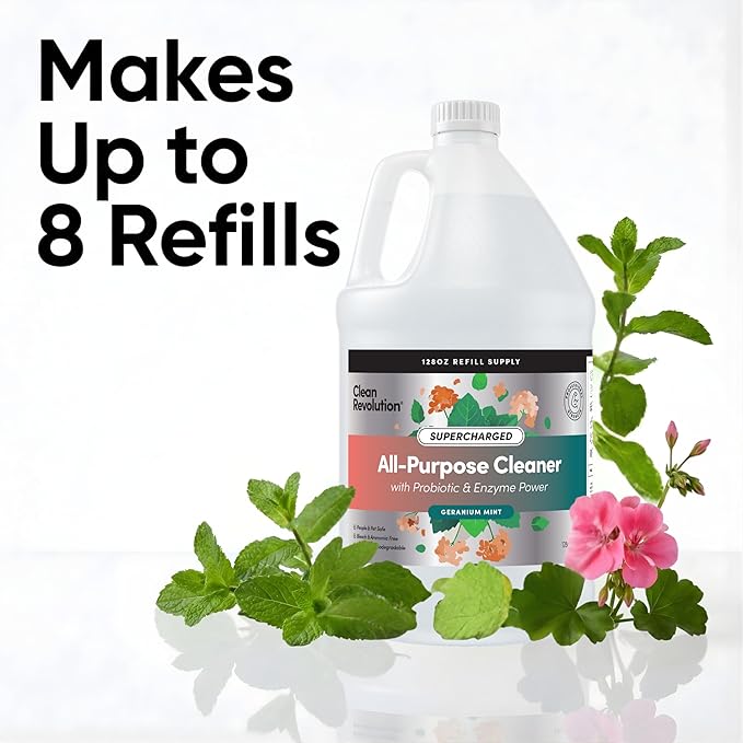 Clean Revolution SuperCharged All Purpose Cleaner Refill with Smart Probiotic + Enzyme Complex, Multi-Surface Kitchen Bathroom & Floor Cleaner, Geranium Mint, 128 Fl Oz