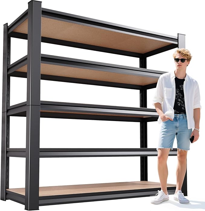 PKDYEZ Garage Shelving 5-Tier Adjustable Metal Garage Shelves Heavy Duty Unit,3000 LBS Steel Shelf Storage Rack Suitable for Industries,Warehouses,Basement,Black(Wood-72'H x 45.7''W x 19.7''D)
