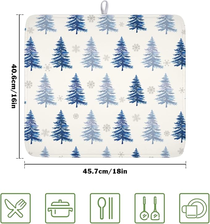 ABSOP Winter Dish Drying Mat 16 x 18 Inch Blue Tree Dish Drying Pad Absorbent Microfiber Mats for Snowflake Dish Rack Pad for Holiday Kitchen Counter Coffee Bar Decor