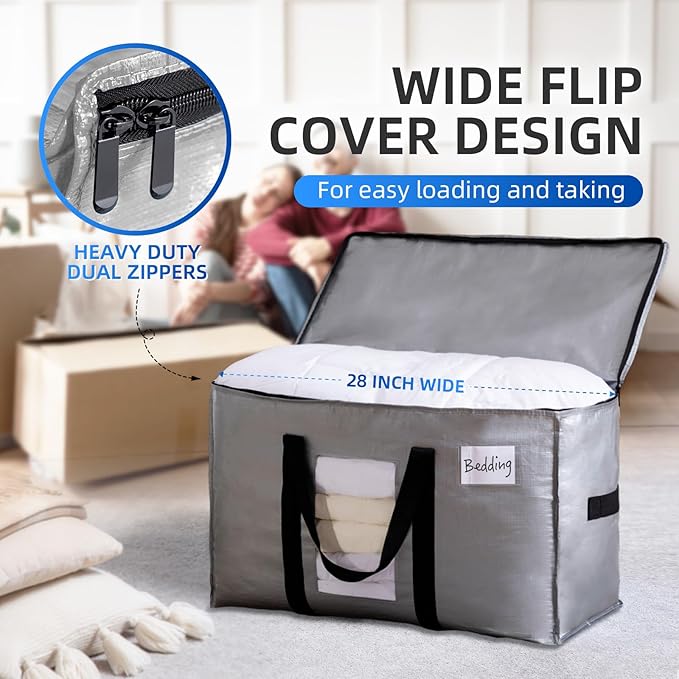 TAILI Extra Large Moving Bags, 10 Pack Silver Heavy Duty Totes for Storage with Visible Window, Wrap Around Handles, Storage Bags for Space Saving, Alternative to Moving Boxes