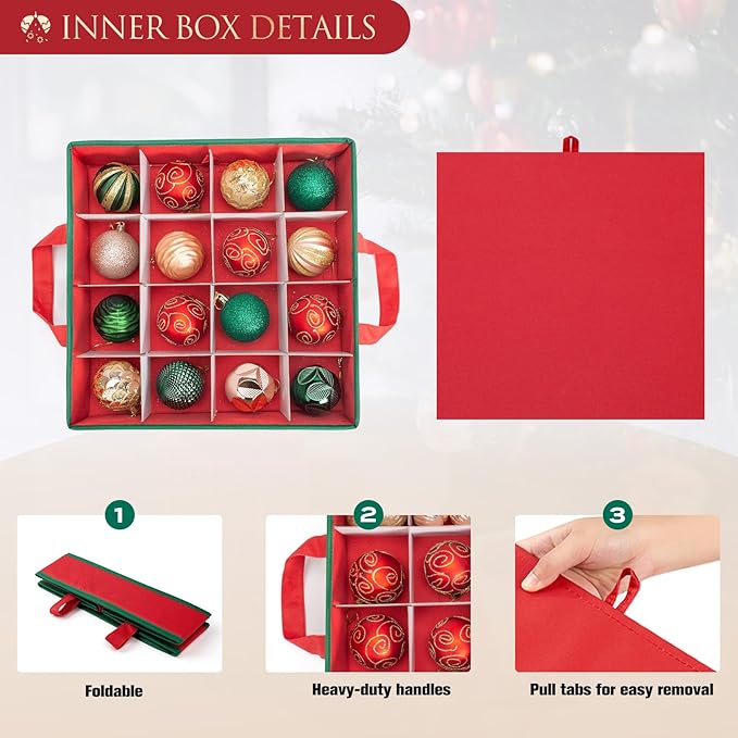 Christmas Ornament Storage Box Containers Holiday Decoration Organizer, Christmas Ball Accessories Holder with Adjustable Dividers, 4 Removable Trays, Zippered Closure, 600D Oxford 13x13x13.39