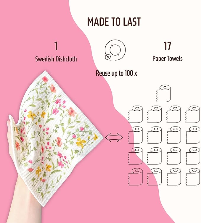 Augine Swedish Dishcloths for Kitchen, 5 Pack Flowers Reusable Paper Towels Washable, Super Absorbent Swedish Dish Cloths, Biodegradable, Non-Scratch, No Odor