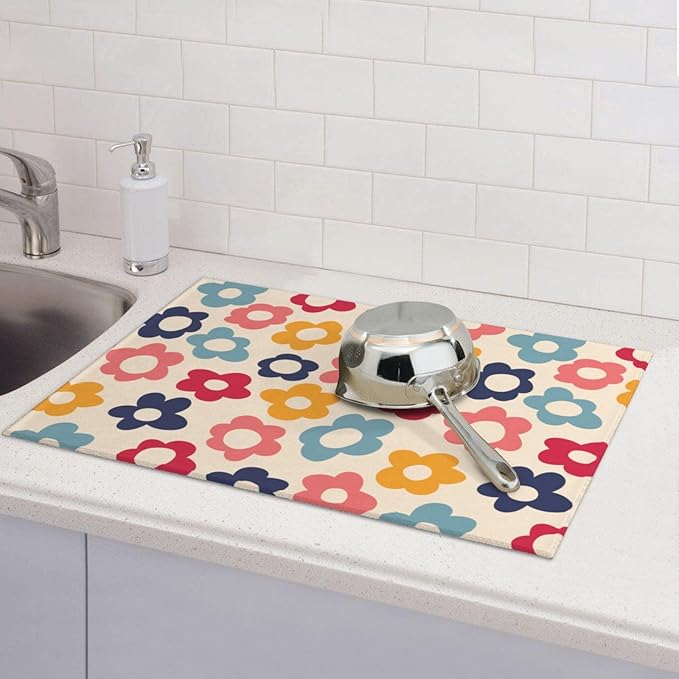 Colorful Daisy Flowers Dish Drying Mat,Boho Groovy Drying Rack Pad Countertop Dishes Ultra Absorbent Reversible Microfiber Kitchen Counter Mat for Coffee Countertop Decor 18x24 Inch