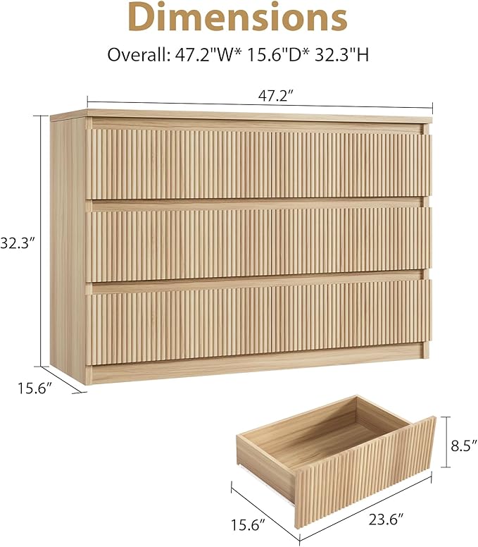 Oak 6 Drawer Dresser for Bedroom, Modern Fluted Dresser, Bedroom Dressers with Drawers, Large Double Wooden Chest of Drawers for Living Room, Hallway