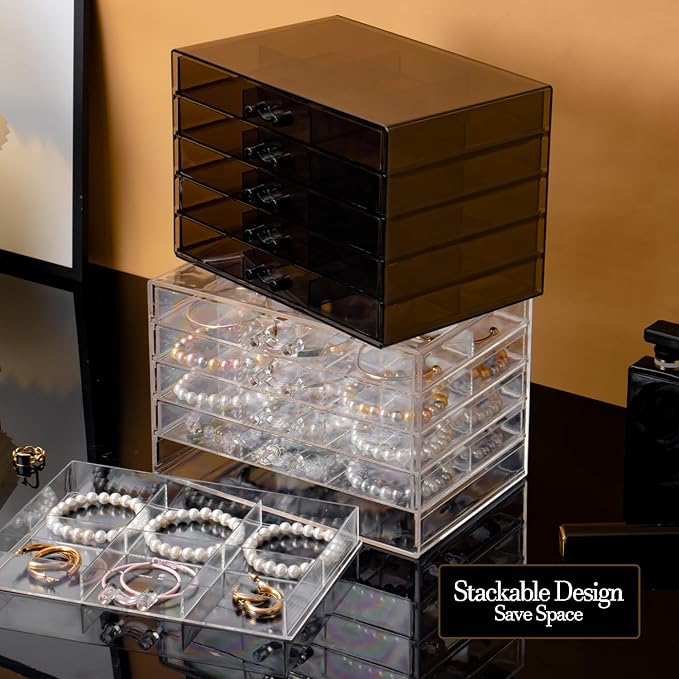 SPAKOWN Earring Organizer, Acrylic Earring Box Large 30 Compartments Jewelry Holder Organizer with 5 Drawers Stackable Earring Bracelet Storage Case Jewelry Boxes for Women (Clear)