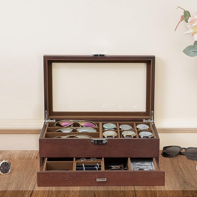 ProCase Wooden Men's Jewelry Box, 2-Tier Watch Holder and Sunglasses Box Organizer for Men, Display Cases with Clear Glass Top and Storage Drawer -Espresso