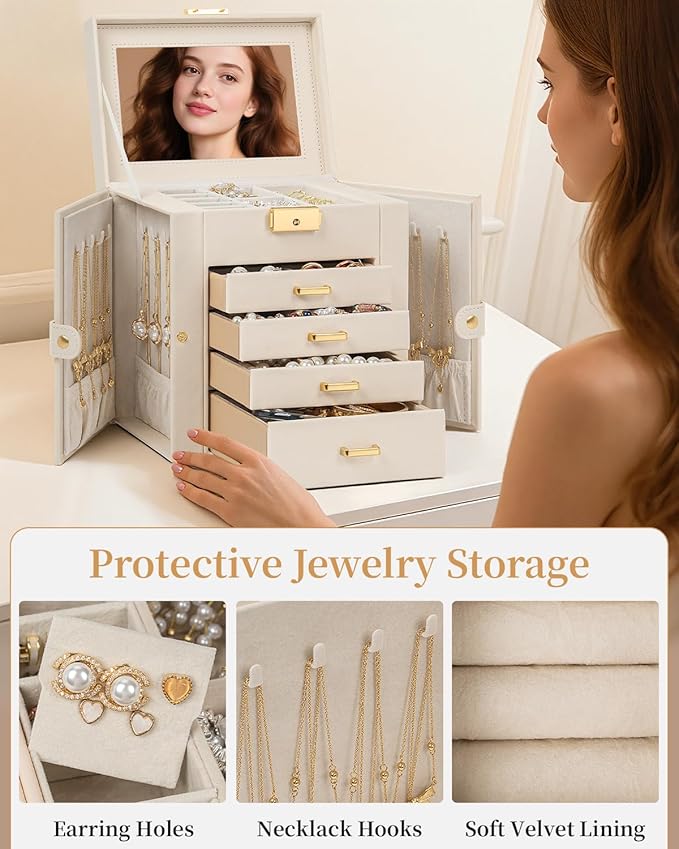 TORIBIO Jewelry Box for Women, Leather Jewelry Organizer with Mirror & Lock, 5-Tier Jewelry Storage Organizer with 4 Drawers for Girls/Women/Mothers, Necklace Earring Bracelets Holder Organizer