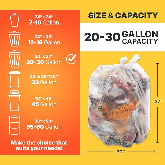 Bagtron 20-30 Gallon Trash Bags, 10 Micron High Density Garbage Can Liners Bulk, 30" x 37", Natural Clear, 500 Count
