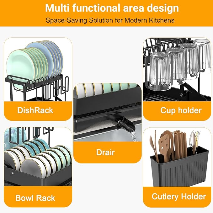 ULAIHOMN Large Dish Drying Rack,Dish Rack 2 Tier,Dish drainers for Kitchen Counter with Cup Chopping Board Cutlery Holder,Anti-Rust Collapsible 16.5" L x 11.8" W Black