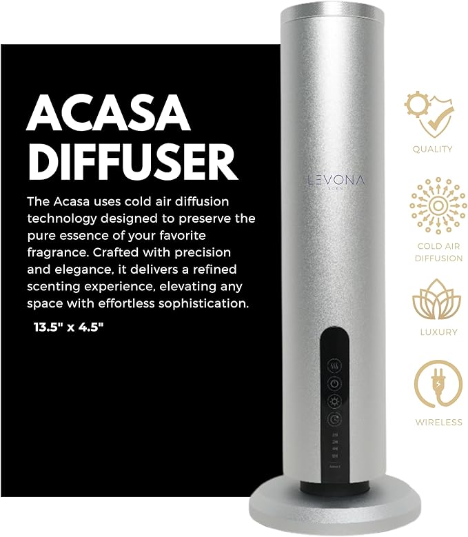 Levona Scent Essential Oil Diffuser - Cold Air Diffuser, Waterless Plug-In Aroma with Night Light, App Controlled - For Home, Office & Hotel - Covers 1000 sq ft - Acasa 1000, Silver (Oil Not Included)