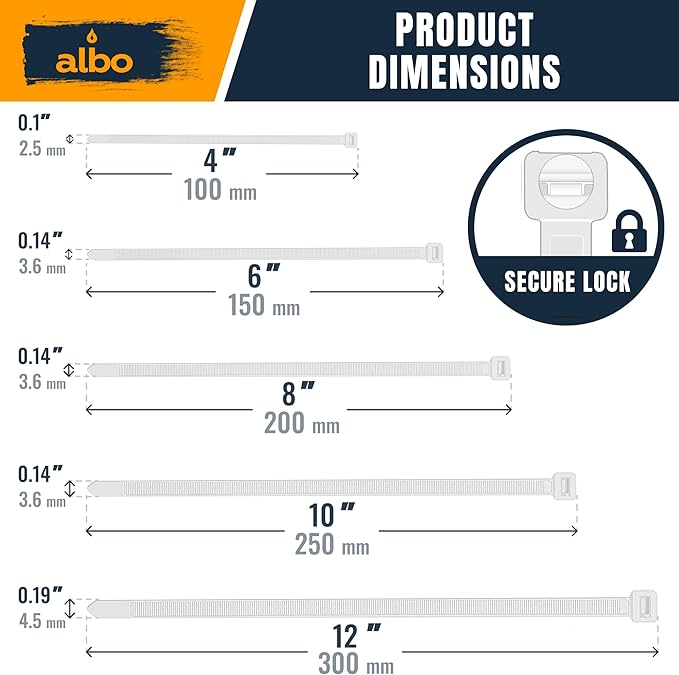 ALBO White Zip Ties Assorted Sizes 800 Pack 4+6+8+10+12 inch Plastic Cable Ties Wire Tie UV Resistant Nylon Tie Wraps Assorted Sizes