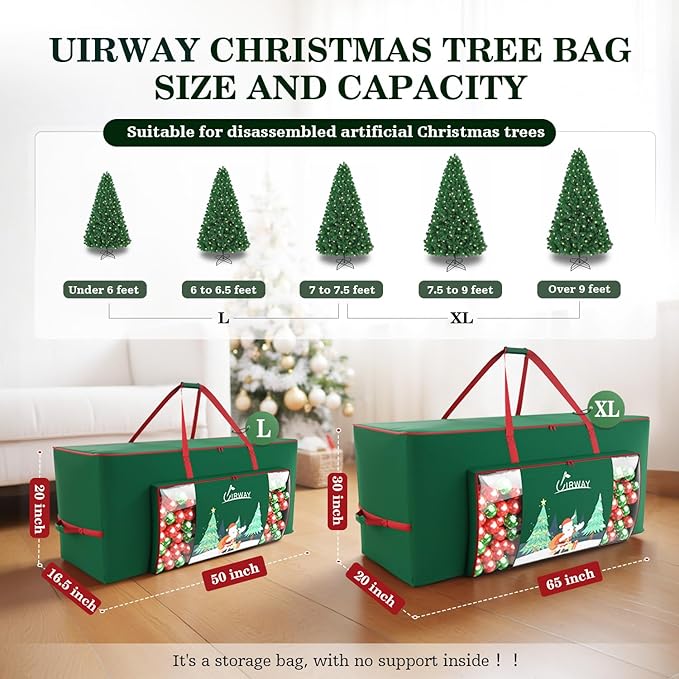 UIRWAY Christmas Tree Storage Bag- Fit for 9ft Artificial Trees, 600D Oxford Christmas Tree Bag with Transparent Pouch & Side Pocket, Extra Large Tree Bags with Sturdy Handles & Dual Zipper, Green