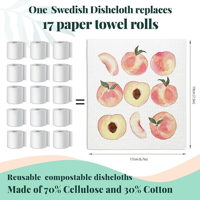 LARTSFRO Peach Swedish Dishcloths for Kitchen, Pink Peach Cute Swedish Dish Cloths for Friut, Papaya Reusable Paper Towels, 4 Pack Cleaning Cloth for Kitchen, Reusable Paper Towels Washable