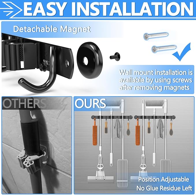 3-H Magnetic Broom Holder Wall Mount 2 Pack, 2-in-1 Dual Mount (No Drill or Screw Fix), 304 Stainless Steel Heavy Duty Magnet Mop Broom Organizer for Kitchen Garden Garage(3 Racks & 4 Hooks,Black)