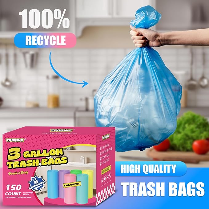 T.FORING 300 Count 3 Gallon Trash Bags - 12 Liter Colored Small Garbage Bags Unscented Wastebasket Liners Heavy Duty & Leakproof Mini Can Liners for Bathroom Toilet Home Office
