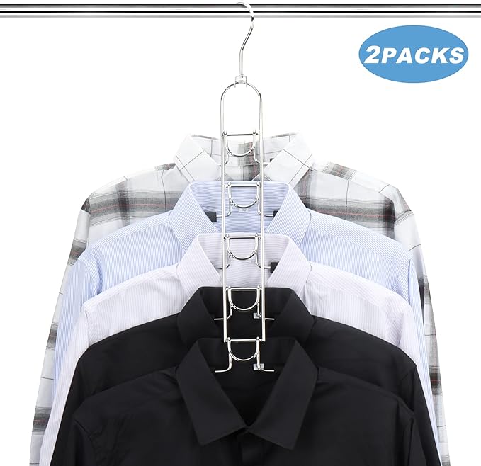 Mastom Space Saving Clothes Hangers, Multilayer Metal Hanger 2 Pack 5 in 1 Space Saver Coat Hangers, Anti-Slip Foam Padded Shirt Suit Hanger for Closet Storage Organizer