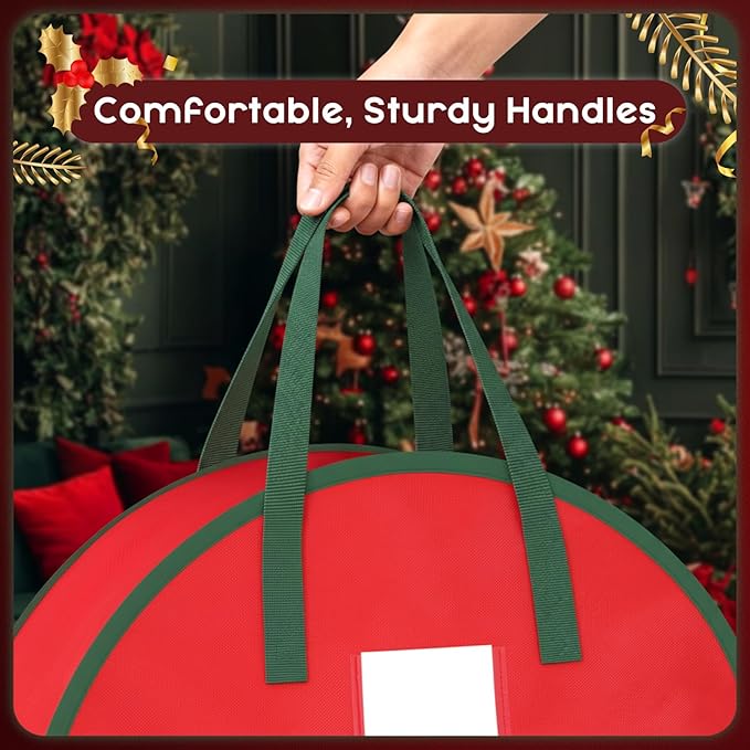 Criusia Wreath Storage Container, 2 Pack Christmas Wreath Storage Bag with Sturdy Handle, Two-Way Zipper,Durable Wreath Storage Organizer Box for Holiday Decoration (Red, 24"x8")