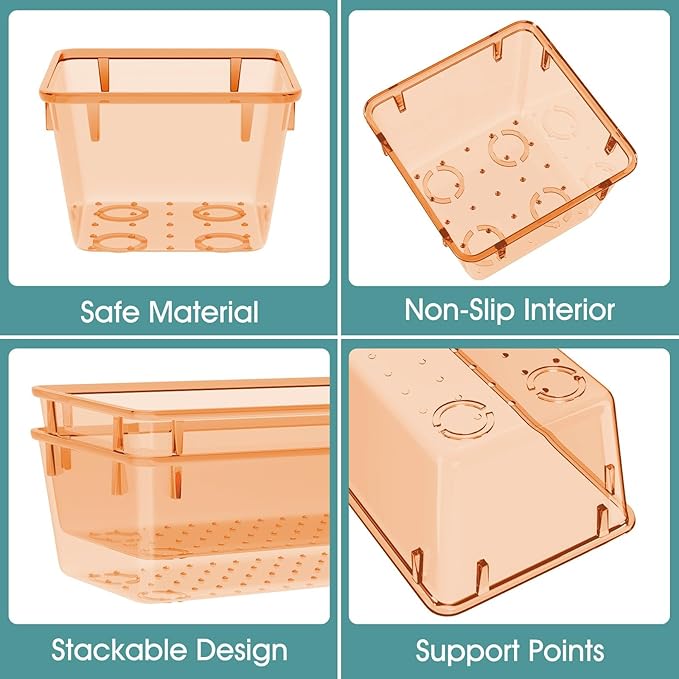 WOWBOX 25 PCS Plastic Drawer Organizer Set, 4 Sizes Desk Drawer Divider Organizers and Storage Bins for Makeup, Jewelry, Gadgets for Kitchen, Bedroom, Bathroom, Office, Clear Orange