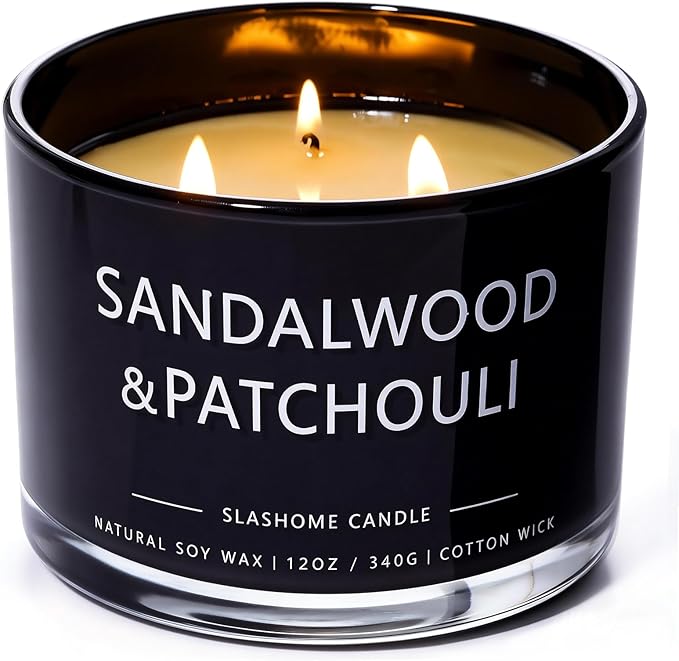 Patchouli & Amber Scented Candle, Luxury Large 3 Wick Soy Candle 12 Oz, 60+ Hour Long Lasting Clean Burn, Elegant Aromatherapy Home Decor, Housewarming & Birthday Gift for Men & Women