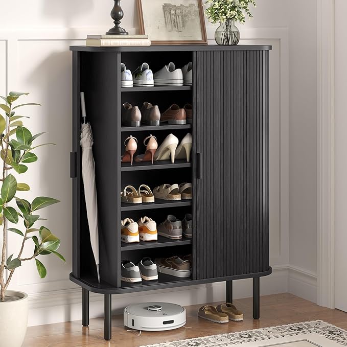 Shoe Storage Cabinet with Adjustable Shelves, 6-Tier Mid-Century Modern Shoe Organizer with Sliding Door, Shoe Storage Organizer for Entryway Hallway Living Room (Black)