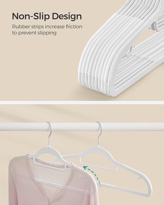 SONGMICS Pack of 50 Coat Hangers, Space-Saving Plastic Clothes Hangers, Non-Slip, 0.2 Inches Slim, 16.5 Inches Wide, 360° Swivel Silver Hook, White UCRP20WT50
