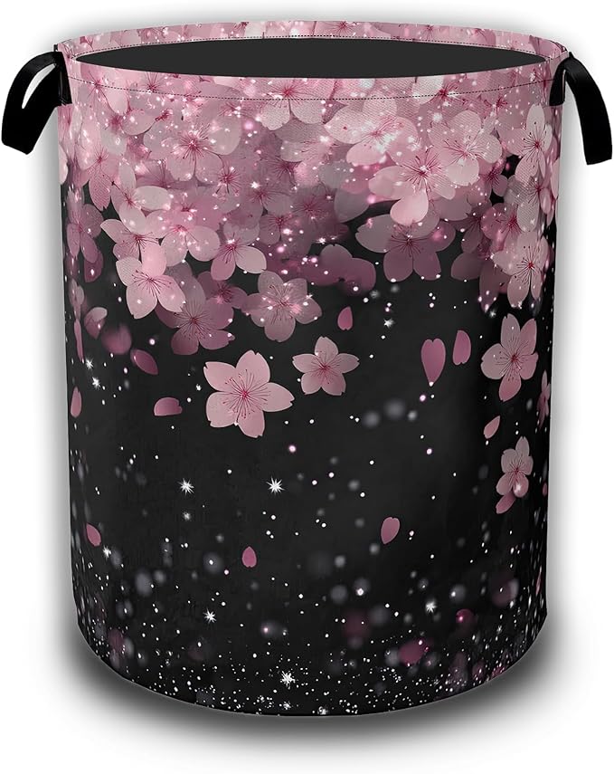 Cherry Blossoms Laundry Basket,Waterproof Foldable Pink Glitter Laundry Hamper,Dirty Clothes Basket, Linen Bin Storage Organizer Collection 16" x 20.8"