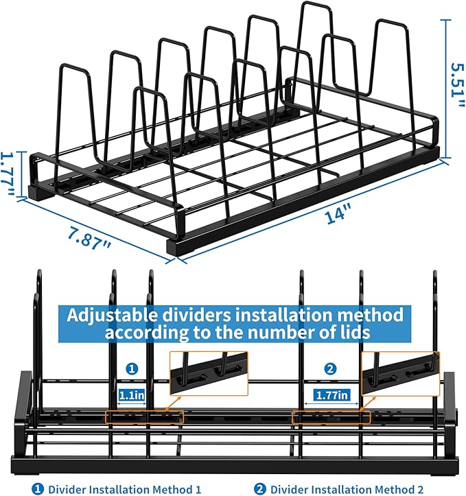 GAGUIUP Food Container Lid Organizer, Adjustable 6 Dividers Full-Metal Pot and Pan Organizer Rack for Kitchen Cabinets, Drawers, Cupboards, Pantry Shelves Storage, Black