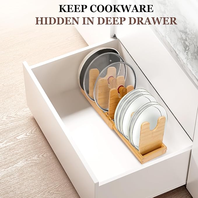 Bambition Bamboo Pot Lid Organizer, Pots and Pans Organizer Inside Cabinet, Pot Lids holder for Kitchen Countertop