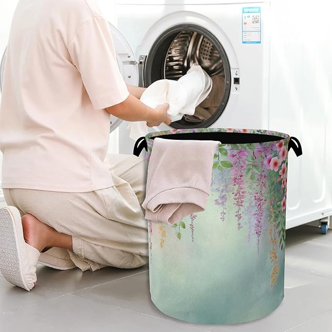 Colorful Flowers Laundry Basket,Foldable with Handles Tote Bag Oxford Cloth for Bathroom Bedroom Dirty Clothes Storage Bucket 16" x 20.8"