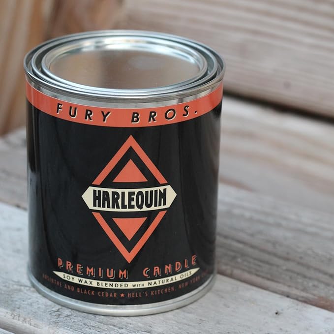 Fury Bros. Scented Candles for Men | Harlequin | Absinthe & Black Cedar | Natural Soy Wax | Hand-Poured in The USA | Long 70-80 Hour Burn (12.5 oz) | Vintage-Inspired Tin Design | Dad Home Gift