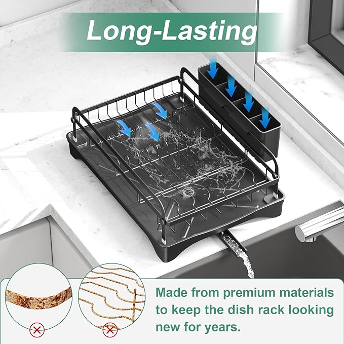 HOMEAILIE Dish Drying Rack for Kitchen Counter, Large Dish Drying Rack with Utensil Holder & Cutlery Tray, Dish Drainer with Drainboard, Black