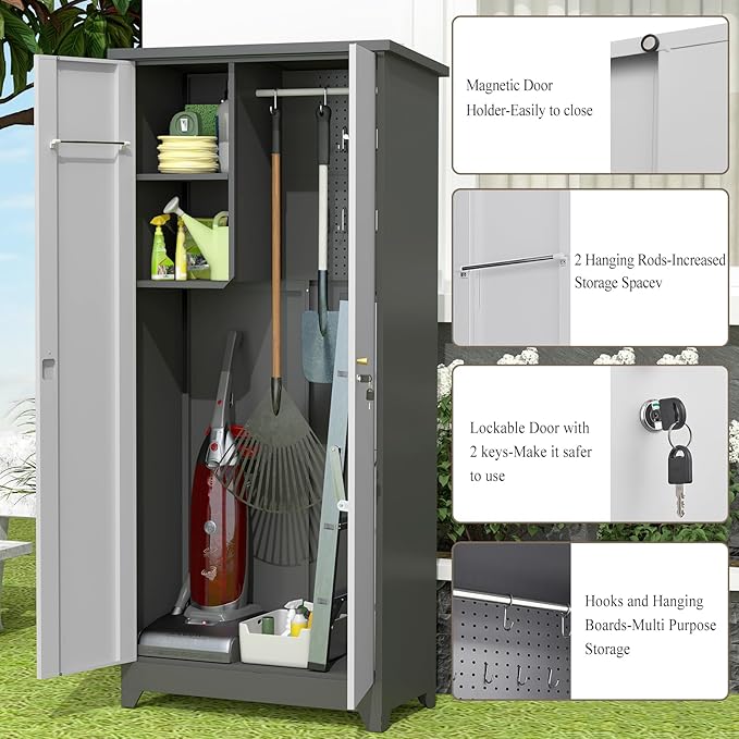 73''H Outdoor Metal Storage Cabinet, Garage Storage Cabinets with Shelves & Locking Doors, Broom Cabinets for Cleaning Supplies, Waterproof Storage Shed for Garden, Porch（15.4" D x 31.5" W ）