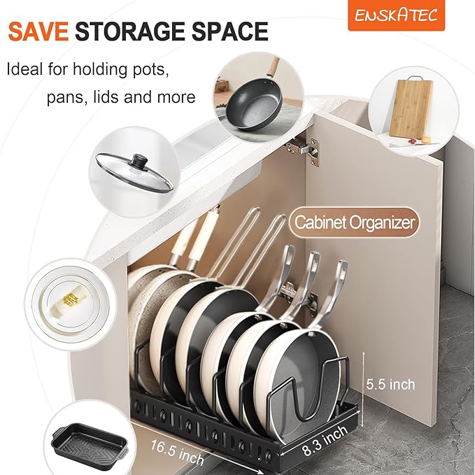Enskatec Pots and Pans Organizer Under Cabinet, Sliding Pot Lid Holder and Pan Rack in Kitchen, Pull out Pot and Pan Organizer, for Pot Lid, Bakeware, Dishes, Pots and Pans Storage