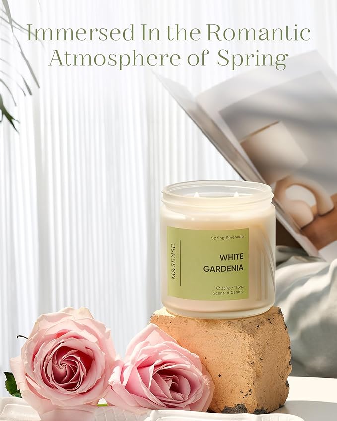 M&SENSE White Gardenia Scented Candle - 11.6oz Natural Soy Wax 70-Hour Long Lasting Burn Time Non Toxic, 2-Wick Spring Flower Candle Easter for Home Decor Aromatherapy Gifts for Mom