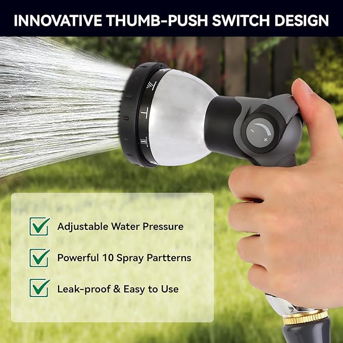 AnyEasy Garden Water Hose Nozzle Metal Heavy Duty Sprayer Thumb Control with 10 Spray Modes Suitable for Watering Plants, Iawn and Garden, Car Washing, Cleaning, Showering Pets and Outdoor Fun, Gray