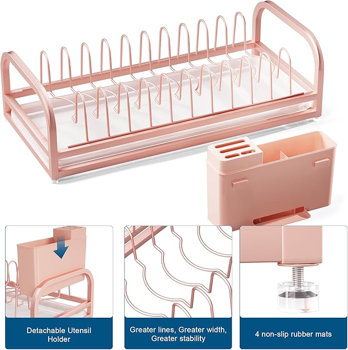 YEYPOP Pink Dish Rack - Small Dish Drying Rack for Limitied Kitchen Counter, Narrow Stainless Steel Dish Drainer w Tray, Cutlery Holder, Cute Kitchen Appliances Organizer for A Lovely You