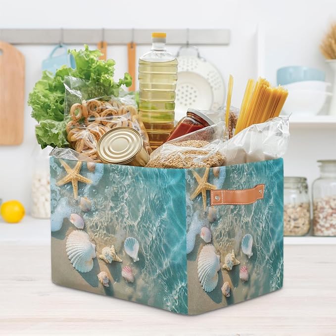 Beach Starfish Seashell Storage Basket for Shelves, Storage Bins with Handles, Collapsible Basket for Organizing, Closet Toy Baskets for Nursery Room, 15x11x9.5 in, Canvas, Ocean Animal