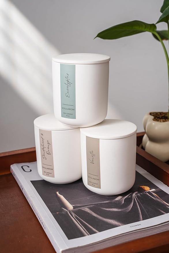 Candles for Home Scented – 10oz Hand Poured Aromatherapy Vanilla Candle Soy Wax Candles in Elegant Ceramic Jar – Crackling Wooden Wick Decorative Candle with 60 Hours Burn Time