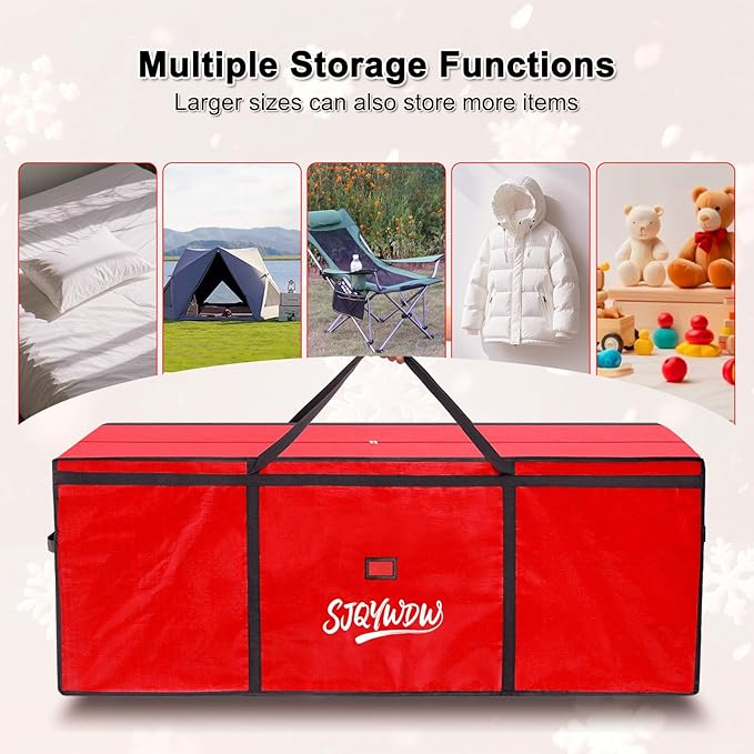 Christmas Tree Storage Bag 9ft, Heavy Duty Artificial Xmas Bag with Reinforced Handles, Dual Zippers Wide Opening, Two Mesh Pockets, PE Large Storage Container for Decorations Trees (Red)