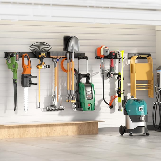 64 Inches Garage Storage, UUP Garage Organization Wall Mount Garden Tool Organizer, 620lbs Adjustable Metal Hooks, Yard Shed Rail Rack, Lawn Tool Holder for Hanging Rake Broom Mop Snowboard, Home Gift