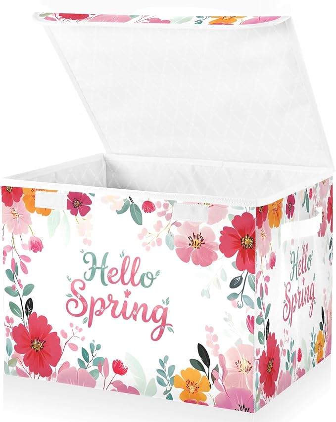 Bolaz Spring Flowers Storage Bins with Lids and Handles, Foldable Storage Box Storage Basket with Cover Collapsible Organizer Containers for Home Closet, Shelves