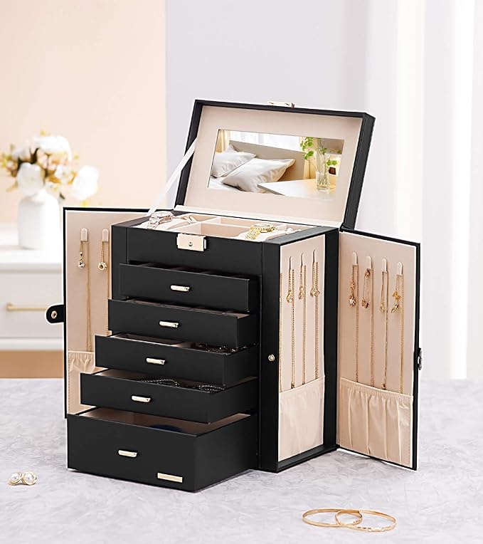 Homde Jewelry Box Large for Women: 6 Layers 5 Drawers Organizer with Mirror for Ring Earring Necklace - Storage Holder with Lock for Dresser (Black)