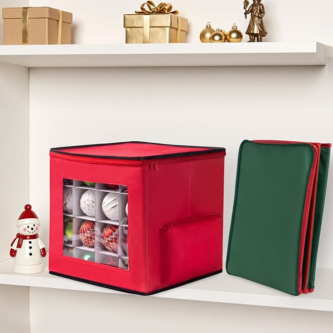 Christmas Ornament Storage Box, Premium Ornaments Organizer with Adjustable Dividers Pockets Clear Window Store Up to 64 Holiday Ornaments Storage Container Bin Zippered for Christmas Decorations Grey