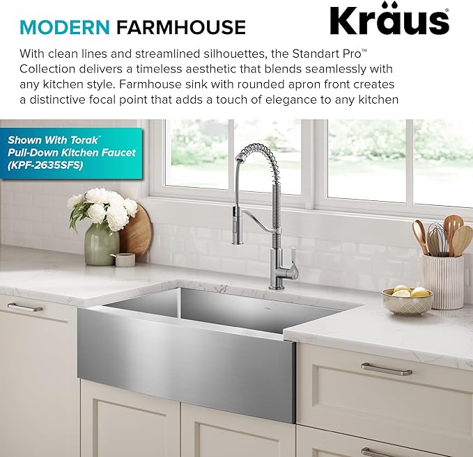 Kraus KHF200-33 Standart PRO Stainless Steel Sink 33 inch Farmhouse Apron Single Bowl 16 gauge