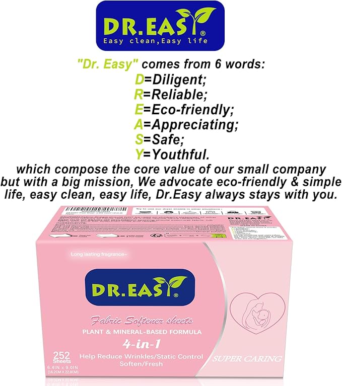 DR.EASY Dryer Sheets Plant Based Formula 252 Ct Super Caring,Softener sheets for Laundry Unscented No Dyes Reduce Static & Wrinkles Help Repel Pet Hair