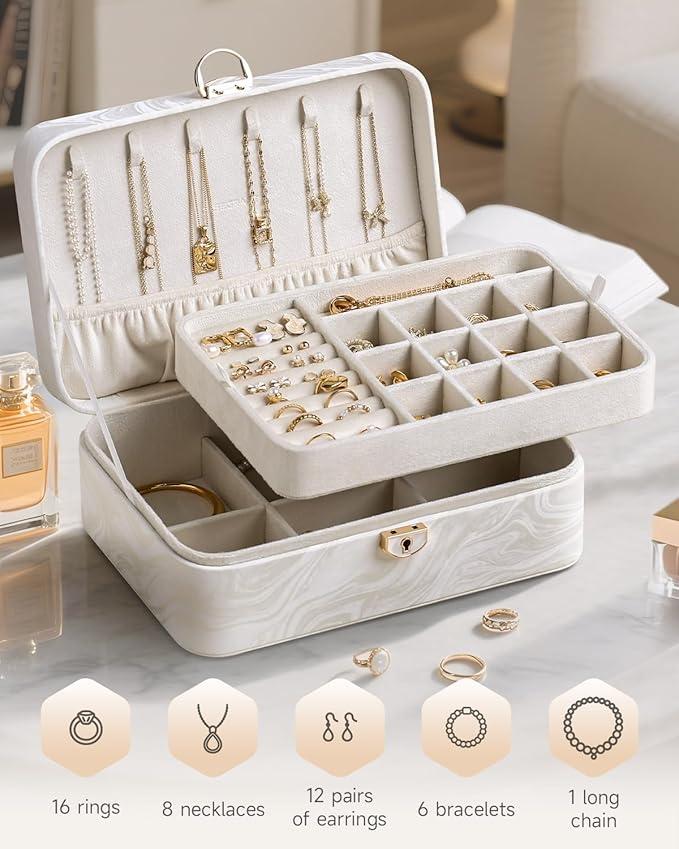 CASEGRACE 2-Layer Jewelry Box with Removable Tray, Portable Jewelry Organizer for Earrings Necklaces Rings, Gift for Women Girls on Birthday Valentine's Day (Fluorescent white)